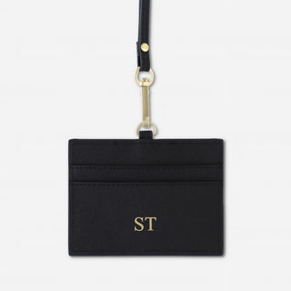 Personalised black saffiano leather lanyard ID badge holder with gold foil initials