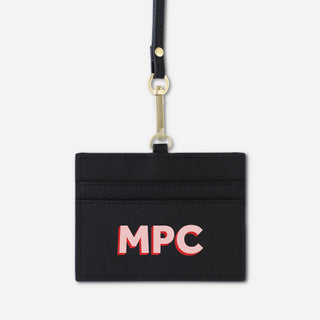 Personalised black saffiano leather lanyard ID badge holder with colour-printed Shadow Text initials