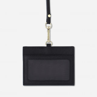 Black saffiano leather lanyard ID badge holder with clear ID window and detachable lanyard