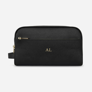 Personalised black Saffiano leather toiletry bag with gold foil initials
