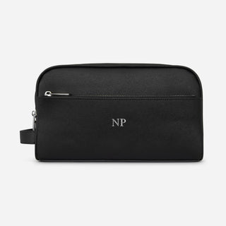 Personalised black Saffiano leather wash bag with silver foil initials