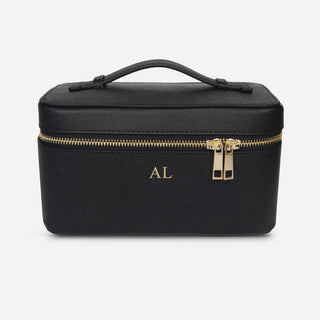 Personalised Black saffiano leather vanity case with gold zips and top carry handle