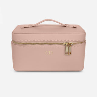 Personalised Nude saffiano leather vanity case with gold zips and top carry handle