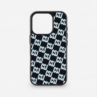 Personalised black Saffiano leather iPhone case with blue repeated initials
