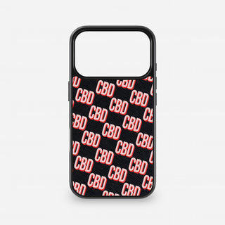 Personalised black Saffiano leather iPhone case with red and pink repeated initials