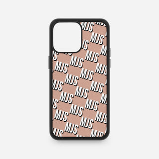 Personalised nude Saffiano leather iPhone case with white and black repeated initials