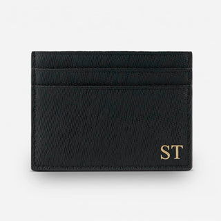 Personalised black Saffiano leather card holder with gold foil initials