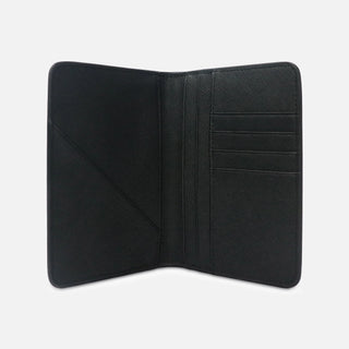 Black saffiano leather passport holder with card slots and document pockets