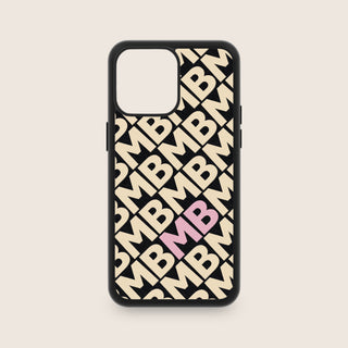 Personalised black Saffiano leather iPhone case with pink repeating initials