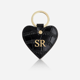 Black personalised croc-embossed leather heart keyring with gold hardware and gold foil initials