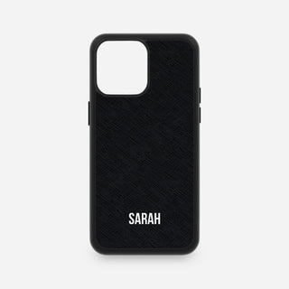 Personalised black Saffiano leather iPhone case with minimalist white name at bottom