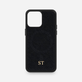 Personalised black Saffiano leather MagSafe iPhone case with gold foil initials