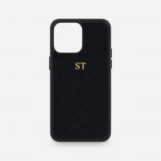Personalised black embossed Saffiano leather iPhone case with gold foil initials