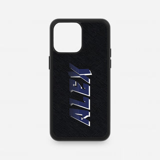 Personalised black Saffiano leather iPhone case with navy Racer Font initials