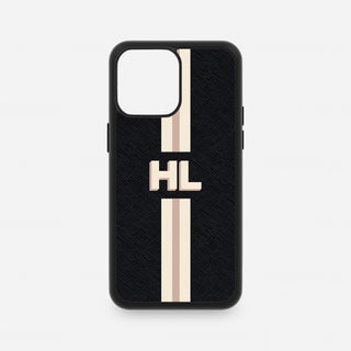 Personalised black Saffiano leather iPhone case with nude stripe design and initials