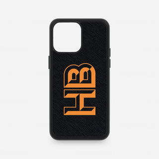 Personalised black leather iPhone case with orange Chisel Outline initials
