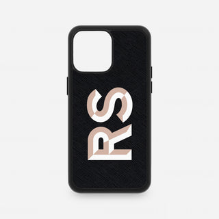 Personalised black Saffiano leather iPhone case with nude and white Chisel Font initials