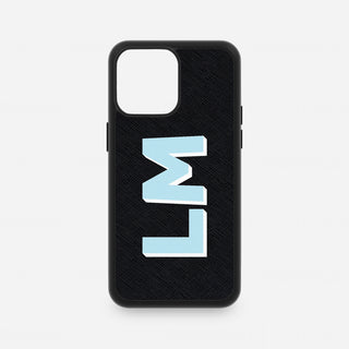 Black Saffiano leather iPhone case personalised with blue and white Shadow Font initials