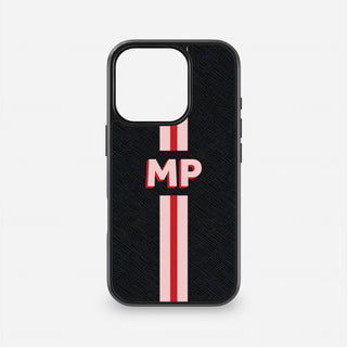 Black Saffiano leather iPhone case personalised with pink and red stripes and initials
