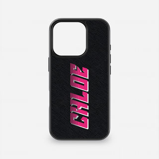 Personalised black Saffiano leather iPhone case with pink Racer Font initials