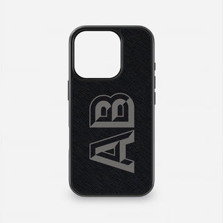 Personalised black Saffiano leather iPhone case with grey Chisel Outline initials