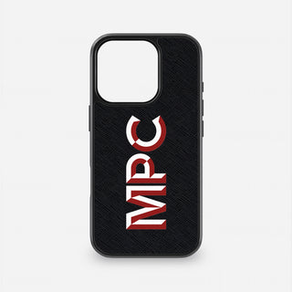 Black Saffiano leather iPhone case with red and white Chisel Font initials
