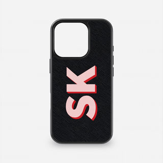 Personalised black Saffiano leather iPhone case with pink and red Shadow Font initials
