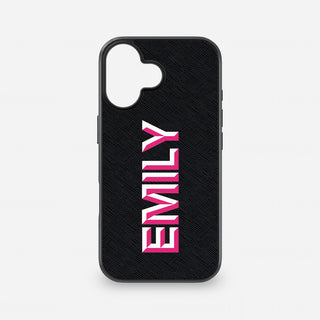 Personalised black leather iPhone case with pink and white Chisel Font name