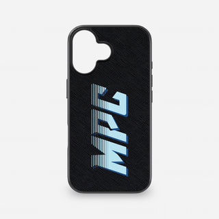 Black Saffiano leather iPhone case with blue custom Racer Font initials
