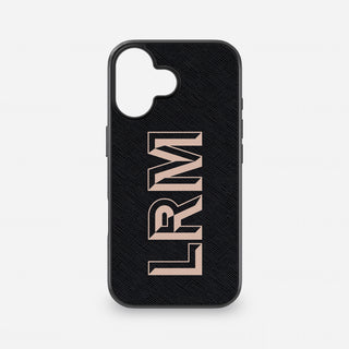 Black Saffiano leather iPhone case with nude Chisel Outline name