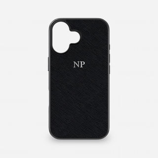 Black embossed Saffiano leather iPhone case personalised with silver foil initials
