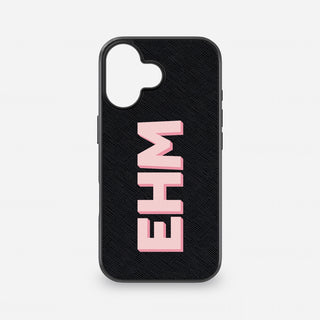 Black Saffiano leather iPhone case personalised with pink Shadow Font initials