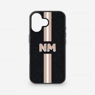 Personalised black Saffiano leather iPhone case with nude and white stripes and initials