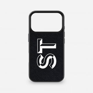 Black Saffiano leather iPhone case with white Chisel Outline initials