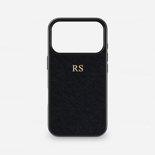 Black embossed Saffiano leather iPhone case personalised with gold foil initials