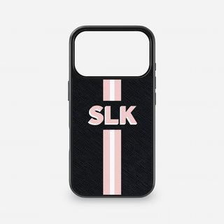 Black Saffiano leather iPhone case personalised with pink and white stripes and initials