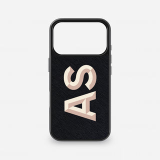 Personalised black Saffiano leather iPhone case with nude Chisel Font initials