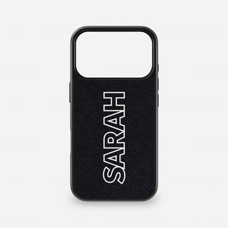 Personalised black Saffiano leather iPhone case with white Outline name