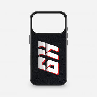 Black Saffiano leather iPhone case with white and red Racer Font initials