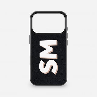 Personalised black Saffiano leather iPhone case with white and nude Shadow Font initials