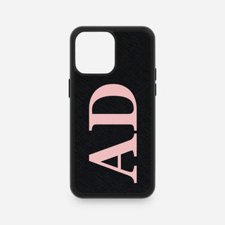 Personalised black Saffiano leather iPhone case with oversized pink initials