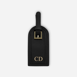 Personalised black saffiano leather luggage tag with gold buckle