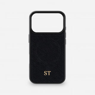 Black Saffiano leather MagSafe iPhone case personalised with gold foil initials