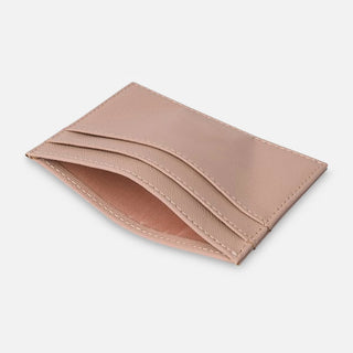 Nude Saffiano leather card holder showing multiple card slots and central pocket